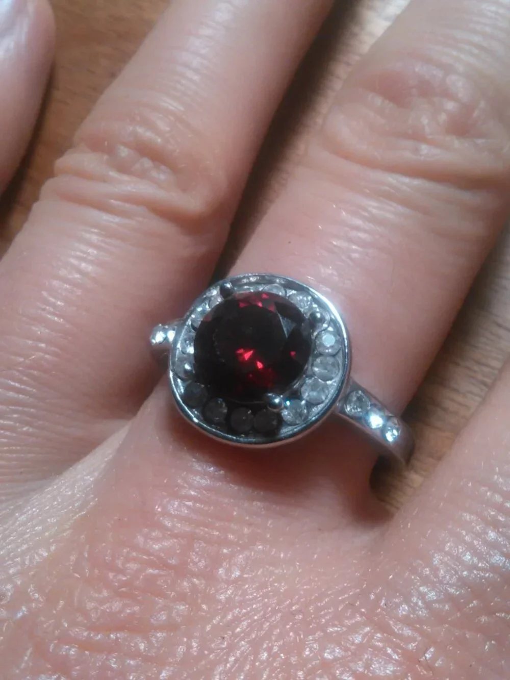 Simulated Ruby and White Crystal Silvertone Ring (Size 9.75)